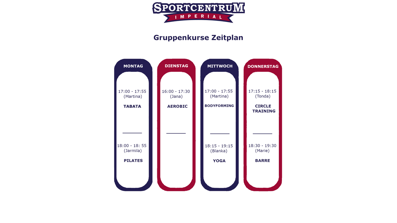 Kursplan der Gruppenstunden im Sportcentrum Imperial
